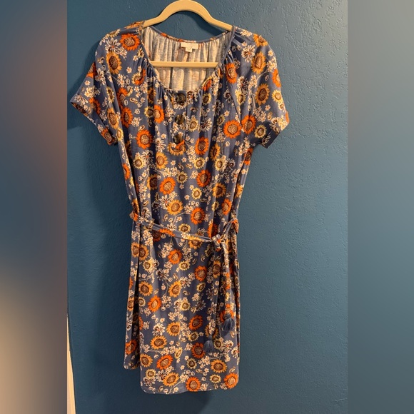 J. Jill Sunflower Knit Henley Dress Blue Orange Floral Tie Waist Tassels Medium - Picture 2 of 12